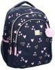 Vadobag Milky Kiss тъмносиня раница, украсена с розови и златни модели на сърца, с розови ципове, розов ключодържател с помпон, лепенка LOVE и мрежест страничен джоб - перфектната ергономична ученическа раница.-1-thumb