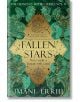 Корицата на книгата Fallen Stars (Heavenly Bodies, Book 2) от Имани Ериу, с богато украсени златни небесни мотиви върху зелено, слоган "Never make a bargain with a god", намеци за отмъстителен бог и звезден компас в долната част. Жанр фентъзи романтика.-1-thumb