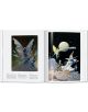 Отвореното копие на "Frazetta (Основно изкуство на Taschen)" разкрива фантастични произведения на изкуството: крилати фигури яздят пеперуда вляво, а вдясно са изобразени фигура на астронавт, пеперуда и луна в сюрреалистична космическа сцена.-6-thumb