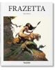 Корицата на книгата "Frazetta (Taschen's Basic Art)" от Даян Хансън, представяща фентъзи изкуство с жена с копие върху свирепо котешко същество върху скали, на фона на драматичен пейзаж - почит към легендарния стил на Франк Фразета.-1-thumb