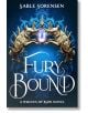 Корица на книгата Fury Bound: Две златни вълци, изправени едно срещу друго, държат светещ син кристал, а на заден план се виждат богато украсени сини мотиви. Подзаглавие: Роман за вълците на разрухата.-1-thumb