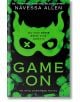 Корица на книгата за Game On (Into Darkness, Book 3) от Navessa Allen, тъмна романтична комедия. Представлява неоновозелена маска с Х над едното око и сърце над другото - сред чипове за покер. Слоган: Постави устата си там, където са парите ти.-1-thumb
