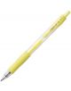 Гел химикалка Pilot Pastel G2 - 07, жълта с прозрачен корпус, жълта дръжка, клипс и прибиращ се връх. Тази жълта писалка е изобразена под лек ъгъл на бял фон.-1-thumb