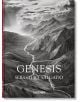 Черно-бяла корица на Себастиао Салгадо: 45-то издание на "Генезис" показва драматичен изглед от въздуха на планини и криволичеща река под облачно небе. Тази книга за природна фотография е издадена от Taschen, както е отбелязано в долната част на корицата.-1-thumb