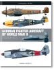 Корицата на "German Fighter Aircraft of World War II: 1939-1945" от Томас Нюдик показва странични илюстрации на четири изтребителя на Луфтвафе с нацистки знаци на бял фон.-thumb