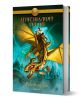 Книга от поредицата Героите на Олимп, Изчезналият герой на Рик Риърдън, с трима герои, яздещи златен механичен дракон над градски пейзаж с ярък зелен и син фон.-1-thumb