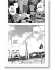 Страница от мангата Goodnight Punpun, том 7: Горният панел показва уморен човек на диван, а друг стои наблизо в претрупана стая. На долния панел е изобразена улица с паметник на ракета, билбордове и балони с реч.-3-thumb
