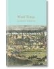 Корицата на книгата "Тежки времена" (Macmillan Collector's Library) показва индустриален градски пейзаж с фабрики и димящи комини под бледосиньо небе, което отразява класическите Дикенсови мотиви.-thumb