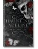 Корицата на Haunting Adeline (Cat & Mouse Duet, Book 1) представя череп, червени рози, пеперуди, паяжини и богато украсени детайли на тъмен фон - улавяйки настроението на този психологически романс.-thumb