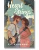 На корицата на книгата "Heart Strings" са изобразени мъж с китара и жена в розова рокля, които споделят интимен поглед на фона на замък и дървета, което подсказва за този романс с бивши любовници, който дава втори шанс.-thumb