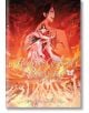 На корицата на Heaven Official's Blessing (Deluxe Hardcover), Vol. 6, две елегантно облечени фигури танцуват сред вихреща се червена и оранжева енергия, а светещите им ръце се протягат нагоре, докато златното заглавие блести над тях.-2-thumb
