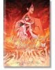 На корицата на Heaven Official's Blessing (Deluxe Hardcover), Vol. 6, две елегантно облечени фигури танцуват сред вихреща се червена и оранжева енергия, а светещите им ръце се протягат нагоре, докато златното заглавие блести над тях.-thumb