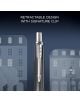 Близък план на химикалката Parker Jotter Special Edition Global Icons - Paris с характерния за нея черно-сребърен дизайн на фона на илюстрирани парижки сгради и знак на метрото, които отбелязват глобалния стил.-6-thumb