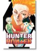 Корицата на Hunter x Hunter Omnibus, Vol. 3, с трима герои: сериозен мъж с оранжева коса с шипове и две момчета с бяла и черна коса с шипове. Заглавието се появява в долната част, препращайки към арката "Изпит за ловец".-2-thumb