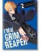 Руса героиня с очила и черно палто насочва голям пистолет на синята WEBTOON корица на "I'm the Grim Reaper, Vol. 2" от Graveweaver, изглеждаща напрегната и готова да се изправи срещу света на Red Spades.-thumb