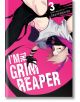 Корицата на I'm the Grim Reaper, Vol. 3 показва обърнат наопаки светлокос герой с черна ръкавица в бяло-лилаво облекло на ярък пурпурен фон.-1-thumb