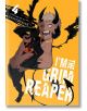 Усмихващ се демон без риза, с рога и опашка с шипове, държи светещо кълбо на яркожълтата корица на I'm the Grim Reaper, Vol. 4 с дебел бял текст и динамично, стилизирано изкуство на Grav3weaver.-1-thumb