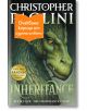 Корица на книгата "Наследство", на която е изобразено подробно лице на зелен дракон. Оранжев транспарант на български език покрива частично изображението, а текст в долната част го обозначава като четвърта книга от поредицата на Кристофър Паолини.-thumb