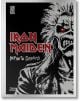 Корицата на книгата Iron Maiden: Infinite Dreams показва името на групата с дръзки червени букви и черно-бяла илюстрация на талисмана Еди със светещи червени очи - идеална за феновете на сувенири на групата и емблематични албуми.-2-thumb