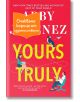 Корица на книгата "Искрено твой" с илюстрирани герои: жена върху пощенска кутия, мъж, който седи и чете, и куче върху името на автора. Стикер на български език покрива част от заглавието.-thumb