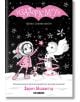 Корица на "Изадора Муун - Книга 8: Изадора Муун прави зимна магия" на български с розово-черен дизайн. Изадора, фея вампир, усмихната с вълшебна пръчка и снежен човек, заобиколен от снежинки. Детска книга.-2-thumb