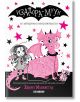 Корицата на книгата "Изадора Муун се забърква в неприятности - книга 5" показва Изадора Мун с крила на фея вампир и усмихнат розов дракон на бял фон с черни звезди, илюстрация на прилеп и български текст.-2-thumb