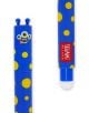 Изтриваемата гел химикалка Legami Monster с капачка и гумичка има синя цев с жълти петна, анимационно триоко лице на чудовище с изплезен език и червен етикет Legami Milano в края на гумичката.-3-thumb