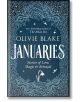 Корица на книга с твърда корица за Januaries, с орнаментирани бели лозички и звездички на син фон, с малко бяло цвете под заглавието.-thumb