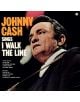Обложката на албума на Johnny Cash - Sings I Walk the Line (VINYL) го показва с китара, заглавието на албума в жълто и бяло, списъкът на песните вляво, всичко това на тъмен фон - ремастерирани записи, налични във винил.-thumb
