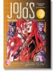 Корица на JoJo's Bizarre Adventure: Част 5 - Златен вятър, том 3, с трима стилизирани герои в смели пози с напрегнати изражения на шарен кафяв фон.-2-thumb