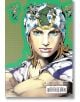 Илюстрация, вдъхновена от JoJo's Bizarre Adventure Part 7 - Steel Ball Run, Vol. 5: сериозен русокос човек със сини очи, с бяла шапка със сини звезди и зелени същества, на зелен фон с червени диагонални линии.-2-thumb