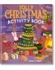 Корицата на "Весела коледна книжка с упражнения: На нея са изобразени животински герои, които украсяват елха, разменят си подаръци и празнуват заедно в топла, празнична стая.-thumb