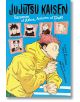 Корицата на книгата Jujutsu Kaisen: Summer Of Ashes, Autumn of Dust показва розовокос магьосник с жълта качулка и шест портрета на герои над него, всички на син фон.-2-thumb