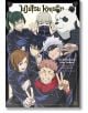 Шестима герои, сред които панда и петима ученици от "Jujutsu Kaisen", позират със знаци за мир на корицата на "Jujutsu Kaisen: The Official Guide: на светъл фон със заглавието на поредицата отгоре.-2-thumb