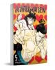 Корицата на Jujutsu Kaisen, Vol. 5 показва мъж без риза, който се разгъва отпред, жена в училищна униформа зад него и червени сърца върху жълто. Изписани са заглавието и авторът Gege Akutami.-1-thumb