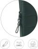 Близък план на Калъф за лаптоп Miquelrius Urban Soft Green 15"/16" от тъмна ватирана материя с цип и шнур за издърпване. Три икони показват неговата устойчивост на надраскване, водоустойчивост и мека, омекотена защита.-4-thumb