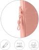 Близък план на Калъф за лаптоп Miquelrius Urban Soft Pink 13" / 14", ватирана чанта с цип. Три икони показват, че тя е лека, водоустойчива и мека на допир-идеален като мек калъф или калъф за лаптоп.-4-thumb