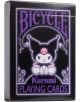 Кутия с Карти за игра Bicycle Kuromi с анимационен герой с черни шутовски уши, розов череп, лилаво-черна тема и Air Cushion покритие. На кутията са изписани надписите "Bicycle" и "Kuromi Playing Cards".-1-thumb