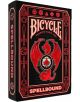 Кутия с Карти за игра Bicycle Spellbound с червен дракон, навит около пика, детайлни червени и черни мотиви и позлатено червено фолио с геометрични шарки върху опаковката.-1-thumb