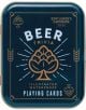 Тъмносинята кутия с етикет Beer Trivia by Gentlemen's Hardware е с илюстрирана графика на хмел и текст, гласящ: Illustrated Waterproof Playing Cards-идеален подарък за любителите на карти за игра от книжарница Orange.-1-thumb