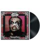 Обложка на албума King Diamond - Conspiracy (VINYL), на която е изобразен мъж с поразителна черно-бяла боя на лицето, червени акценти, свиреп поглед, обрамчен със сребърни готически мотиви, с частично видима винилова плоча.-thumb