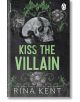Корица на книгата за Целуни злодея (Злодей, книга 1) от Рина Кент, тъмна MM романтика. Представлява напукан череп със завити рога, обвит в зелени лиани и богато украсени цветя на текстуриран фон. Заглавието и името на автора в удебелен зелен текст.-thumb