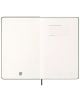 Отворен Moleskine Myrtle Green 2026 седмичен тефтер-органайзер с твърди корици показва празни страници. Дясната страница гласи: "В случай на загуба, моля, върнете на:" и "Като награда: $", а лявата има малко мрежа лого долу.-3-thumb