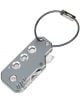 Многофункционален инструмент Troika Keytool, сив ключодържател с три кръгли отвора, частично открито острие и черна кабелна примка с метална закопчалка.-1-thumb