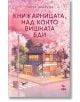 Уютна Книжарница Сакура грее под вишневи цветове по залез слънце. Едно куче се пресяга, докато венчелистчетата се вихрят, напомняйки за магическа книжарница и изцеление чрез книги. "Книжарницата, над която вишната бди" се появява по-горе на български език-2-thumb