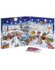 Илюстрация на празнично заснежено село с номерирани прозорци за адвентен календар, фойерверки, Дядо Коледа в шейна и фигуристи; отворен прозорец разкрива част от "Коледен адвент календар Eurographics - Коледни спомени, 24 х 50 части".-2-thumb