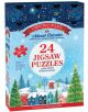 Празничен "Коледен адвент календар Eurographics - Коледно селище, 24 х 50 части" с коледна сцена, дървета и къщи и номерирани вратички от 1 до 24 за всеки ден.-1-thumb