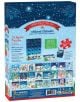 Задната част на Коледен адвент календар Eurographics - Коледно селище, 24 х 50 части: показва изображения на пъзели, снежни и празнични декорации, както и информация и инструкции на английски и френски език.-5-thumb