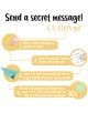 Инфографика със заглавие "Изпрати тайно съобщение!" с четири стъпки, показващи как да напишете, изтриете, изпратите и разкриете тайна с помощта на Комплект изтриваеми гел химикалки Legami - The Nutcracker, 3 бр., чието мастило се появява отново при темпер-10-thumb