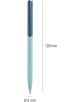 Комплект от две метални химикалки Miquelrius Thin Metallic Blue с капачки и светлосини тела, показани вертикално до текст с размери: 126 мм дължина и 5 мм диаметър, идеални за тънко писане.-3-thumb